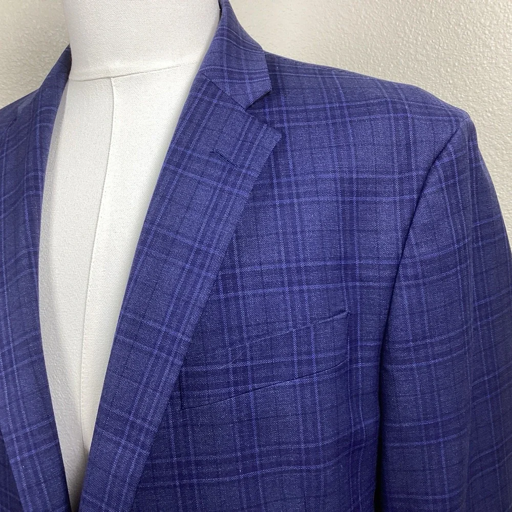Stafford Mens Blue Plaid Sport Coat 46R Wool Blend Classic Fit Blazer Preppy
